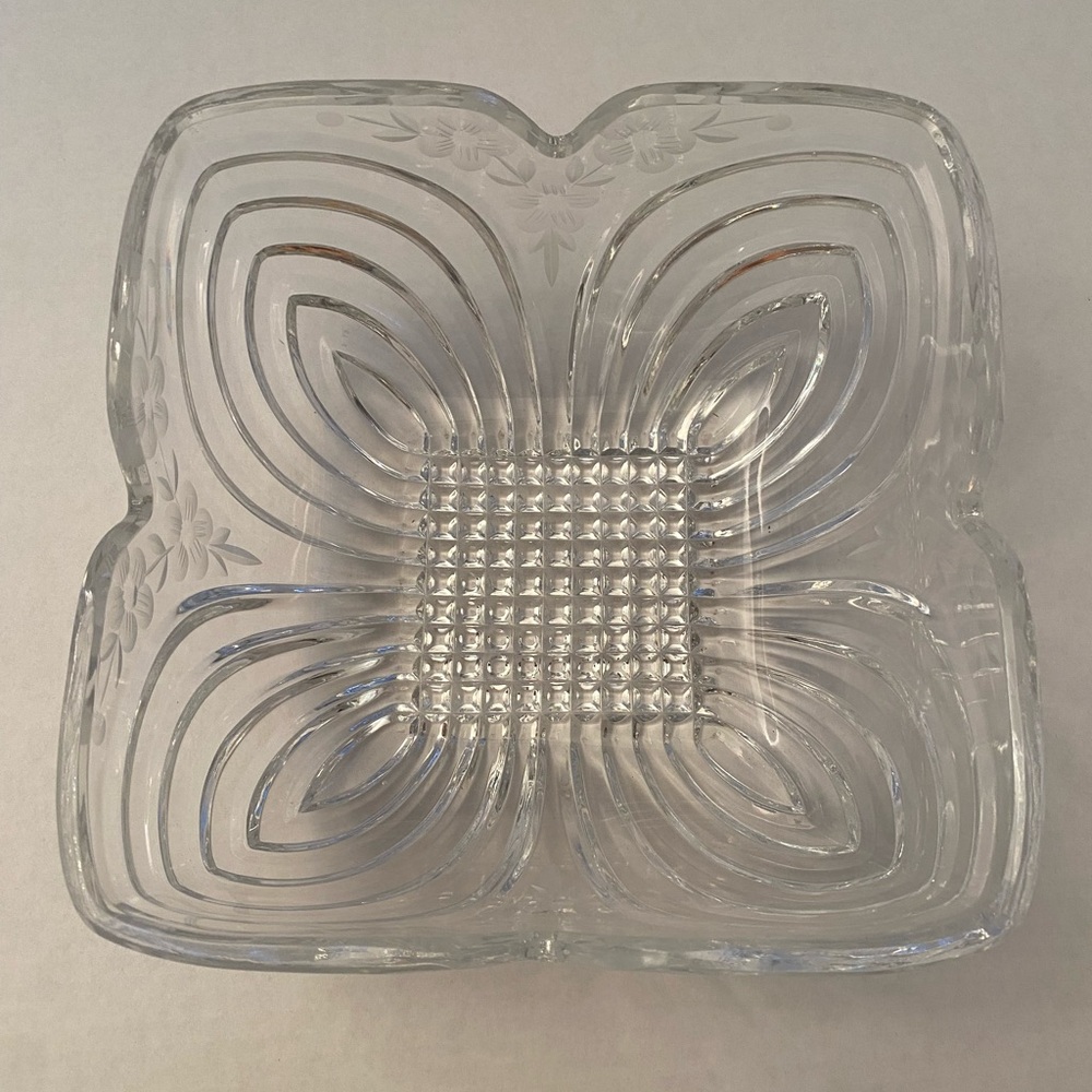 Art Deco Crystal Bowl Square Etched Floral Designs Serving Dish Candy, Nuts